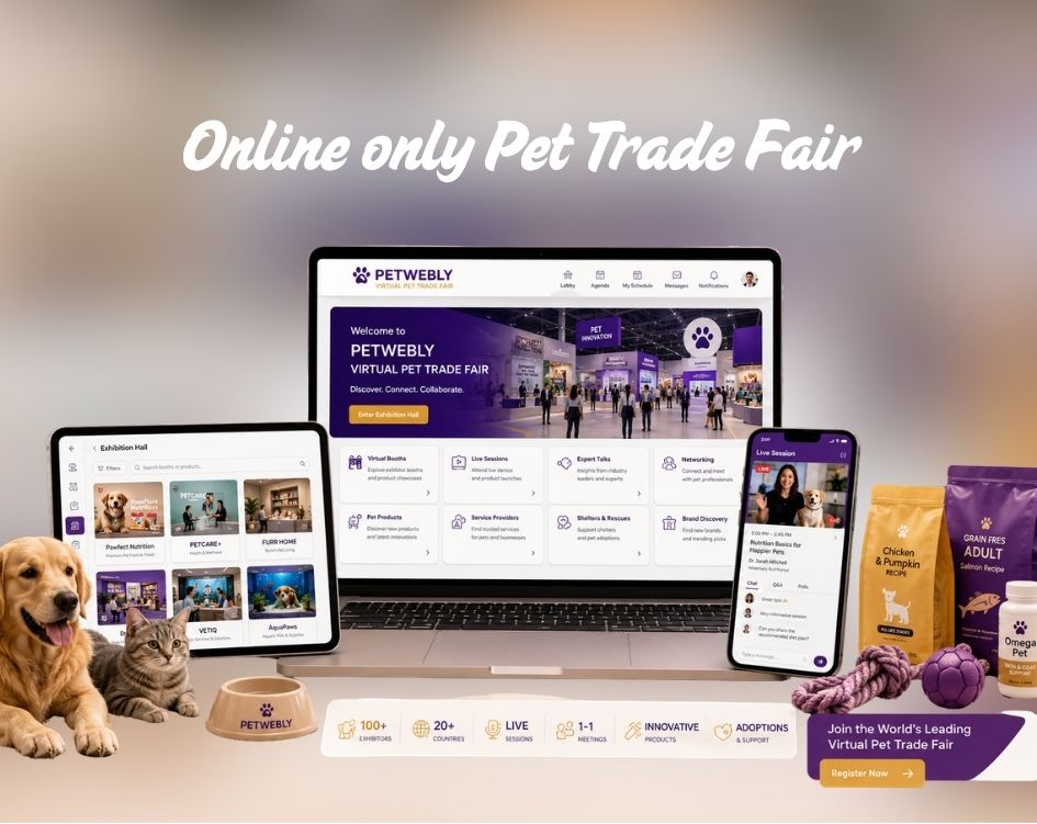 Virtual PETWEBLY trade fair platform on laptop and phone