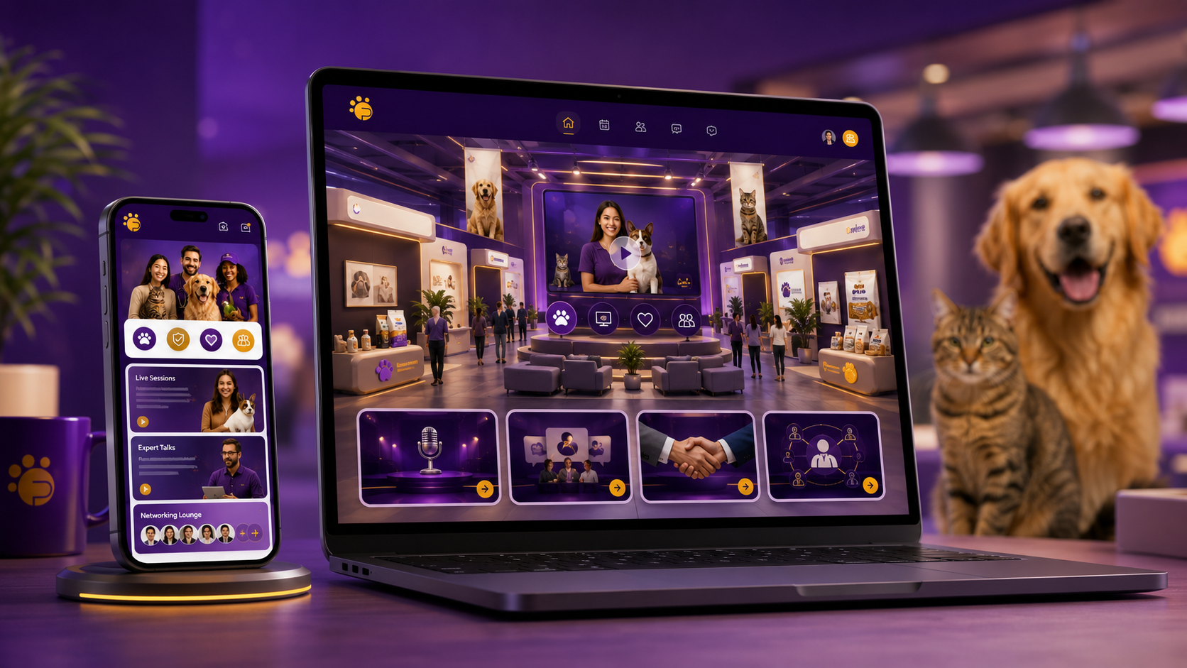 Virtual PETWEBLY trade fair platform on laptop and phone